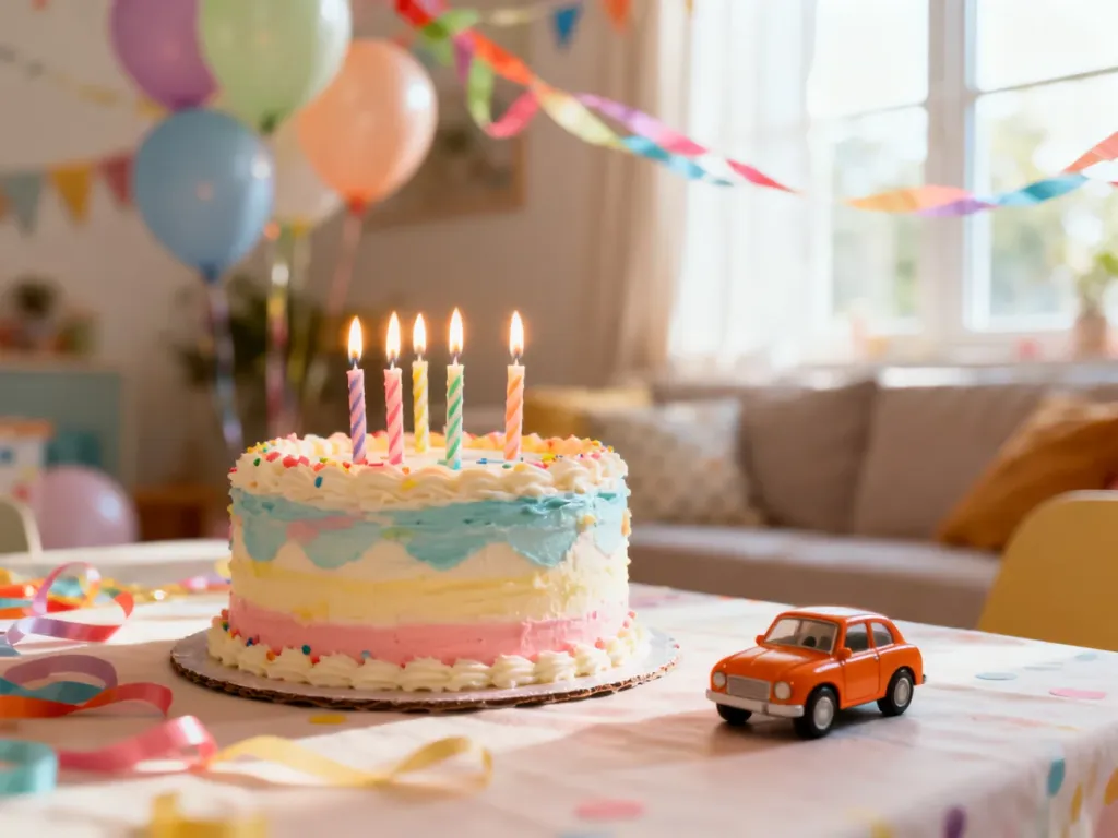 Kolorowy tort urodzinowy z zapalonymi świeczkami i małym autkiem, w tle balony i serpentyny w jasnym, domowym wnętrzu.