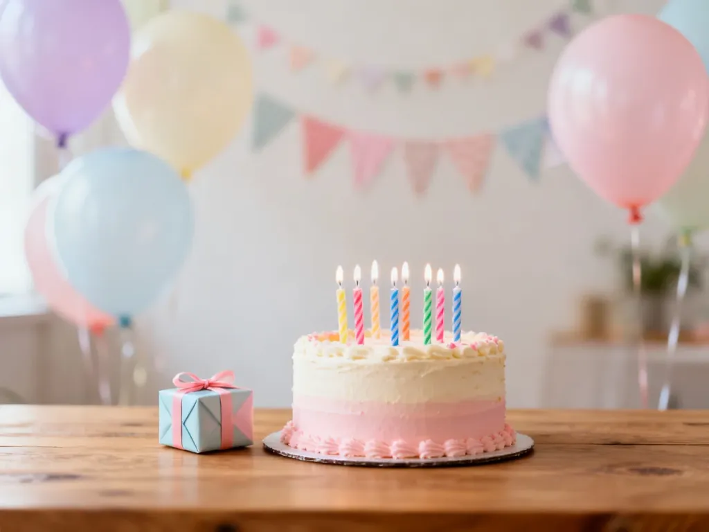 Pastelowy tort urodzinowy z kolorowymi świeczkami i prezentem obok, w tle balony i girlandy tworzące radosny nastrój.