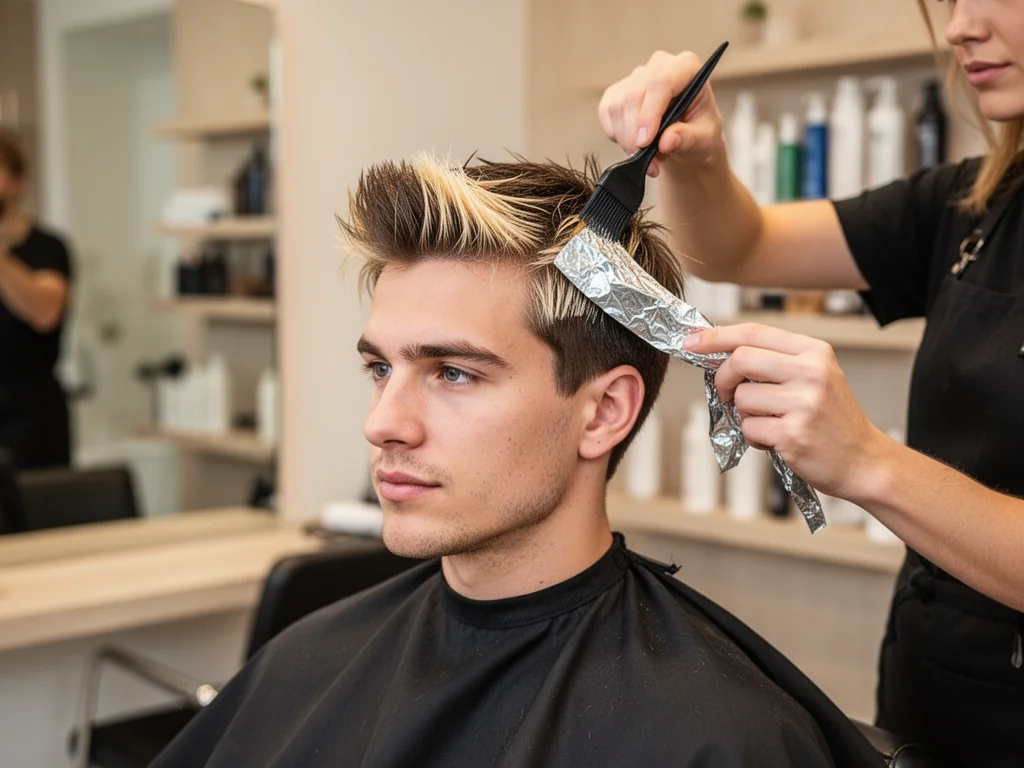Fryzjer nakłada pasemka blond na krótkie, brązowe włosy młodego mężczyzny w nowoczesnym salonie fryzjerskim.