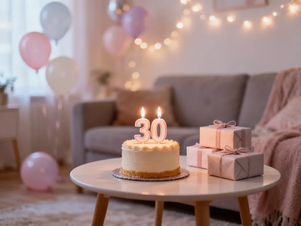 Tort z cyfrą 30, świeczki i prezenty na eleganckim stole, w tle balony i lampki tworzące ciepłą, urodzinową atmosferę.