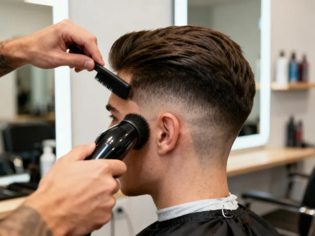 Mężczyzna w salonie fryzjerskim otrzymuje fryzurę blowout taper, fryzjer modeluje włosy suszarką i szczotką.