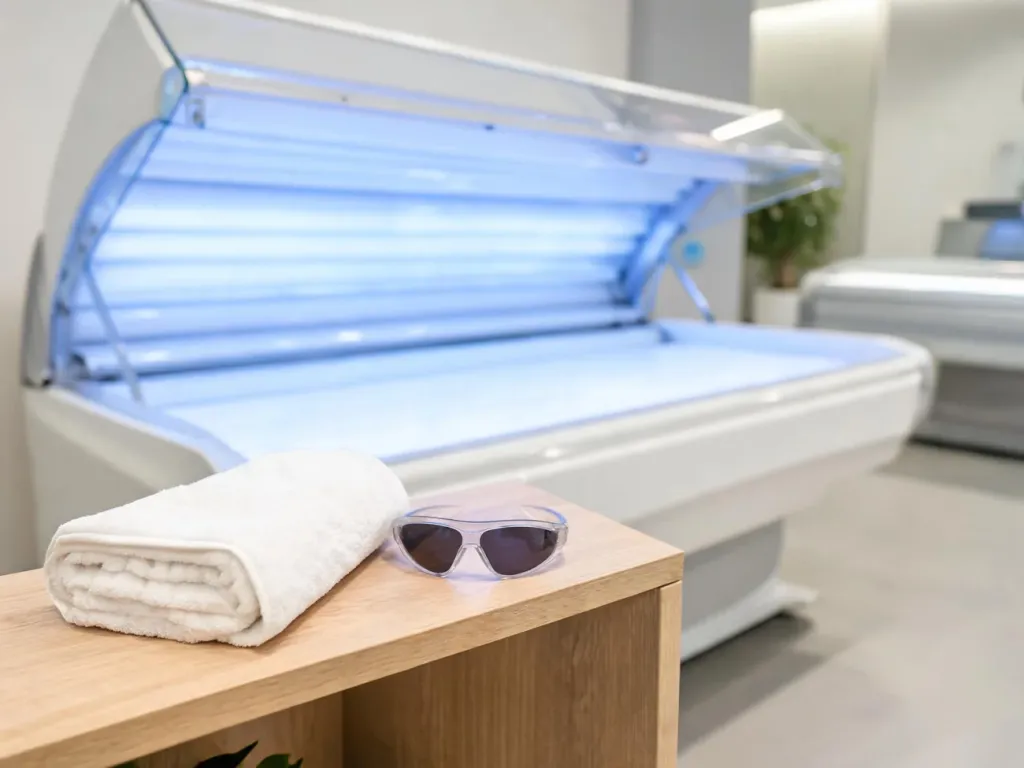 Nowoczesne solarium z otwartym łóżkiem, ręcznikiem i okularkami ochronnymi, przygotowane do pierwszej sesji opalania