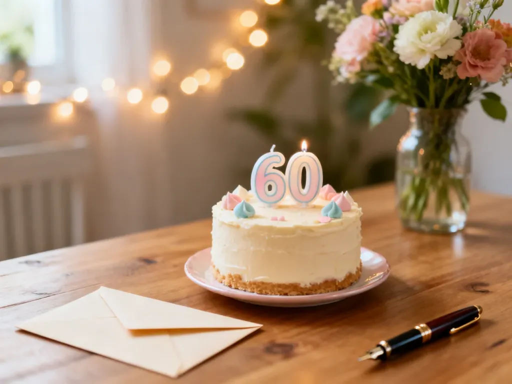Elegancki tort z cyfrą 60 obok koperty i pióra wiecznego, w ciepłej, przytulnej aranżacji urodzinowej.