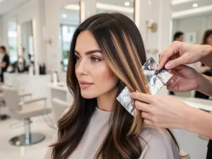 Fryzjer nakłada pasemka blond na krótkie, brązowe włosy młodego mężczyzny w nowoczesnym salonie fryzjerskim.