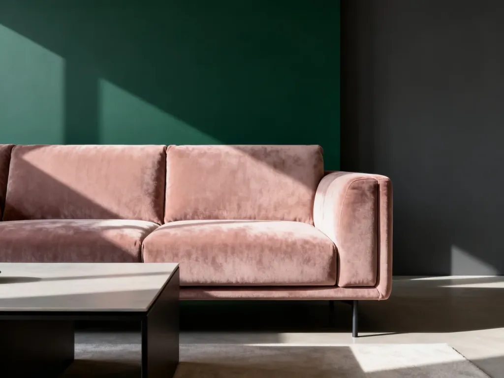 Elegancki salon z pudrowo-różową sofą na tle ścian w odcieniach głębokiej zieleni i szarości, ukazujący modne połączenie barw.