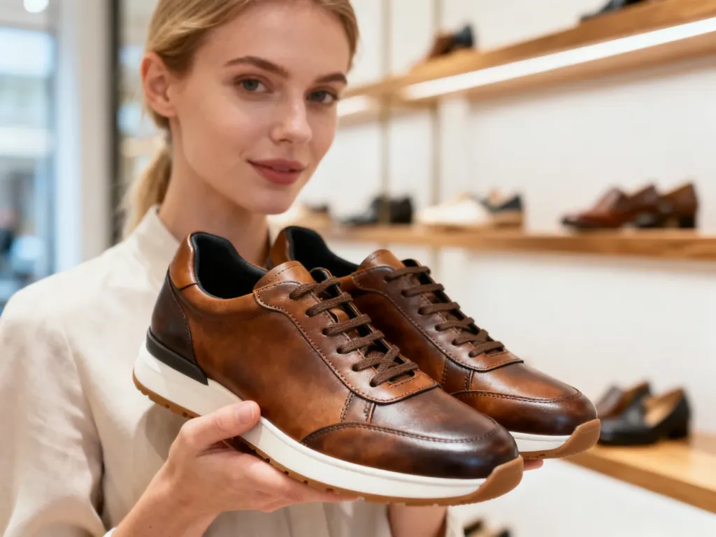 Kobieta trzymająca parę skórzanych sneakersów w minimalistycznym butiku z obuwiem na półkach w tle.
