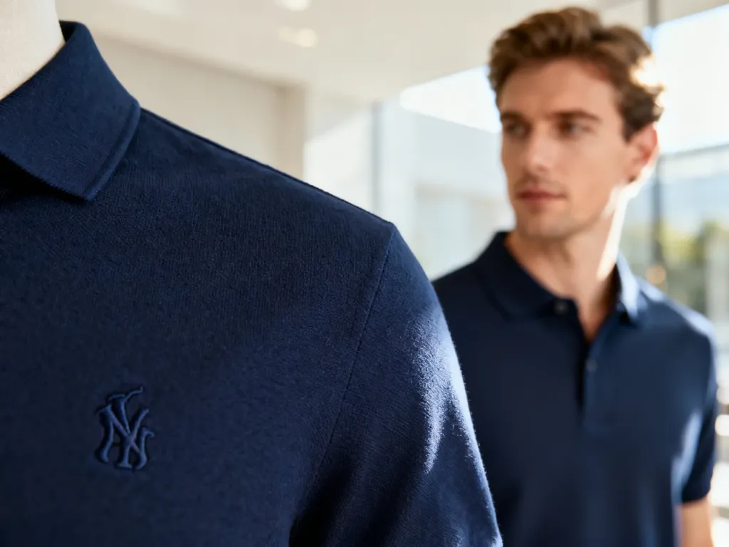 Mężczyzna w granatowej koszulce polo U.S. Polo Assn. z widocznym logo, prezentujący elegancki i nowoczesny styl marki.
