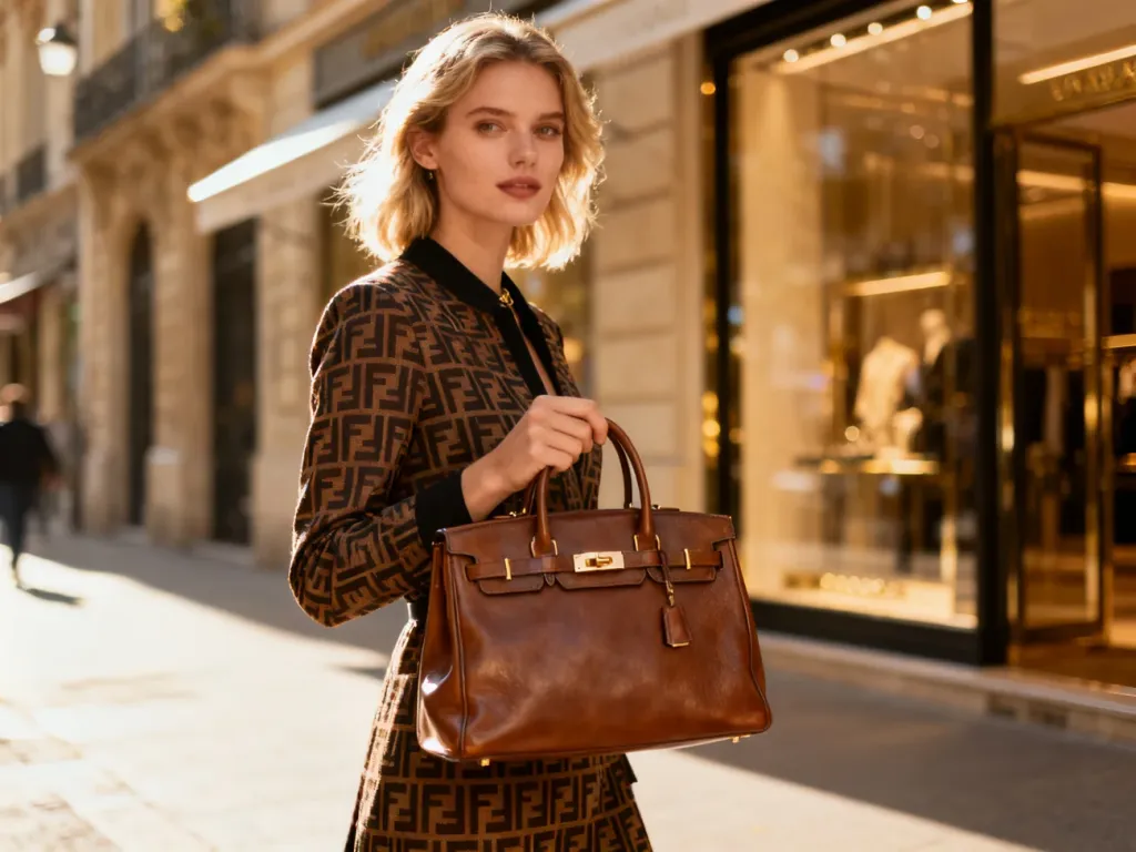 Elegancka kobieta w modnej stylizacji z torebką Liu Jo na tle luksusowego butiku w europejskim mieście.