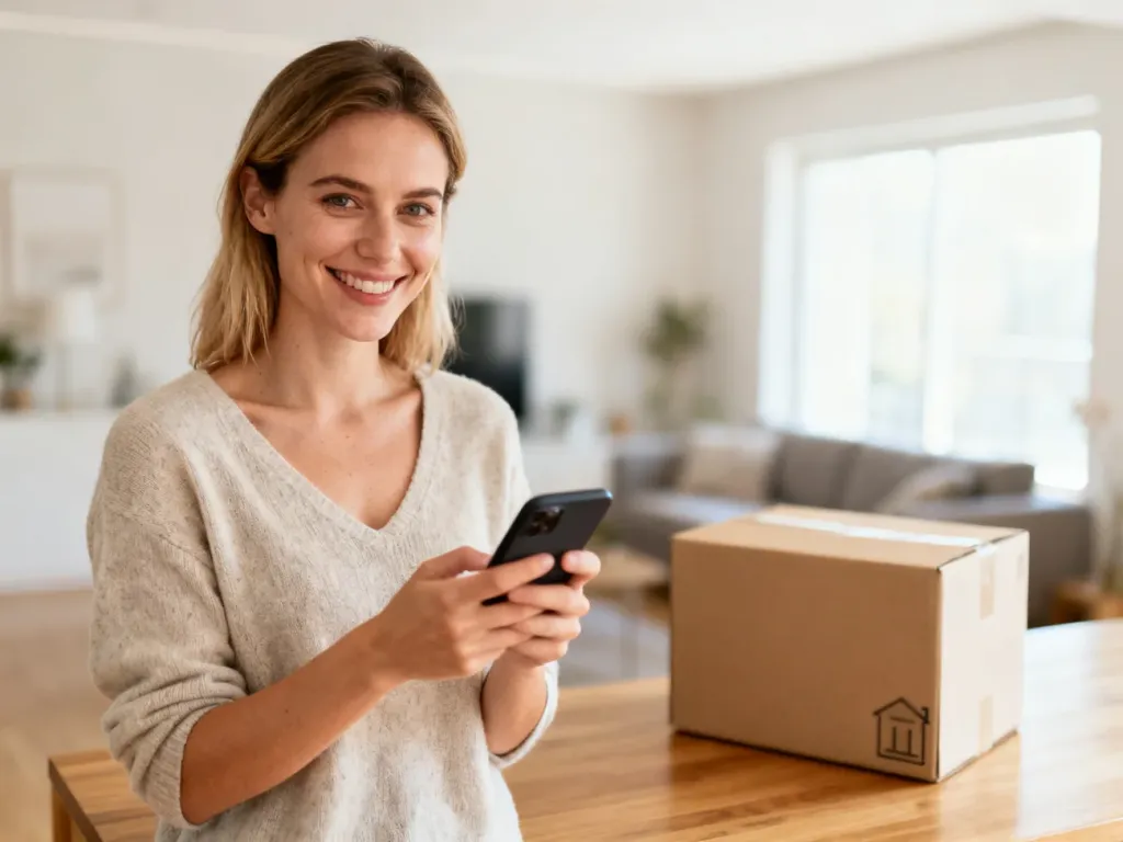 Uśmiechnięta kobieta ze smartfonem w nowoczesnym salonie, obok której stoi paczka z zakupami online.