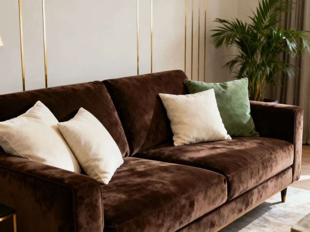 Elegancki salon z brązową sofą ozdobioną kremowymi i szałwiowymi poduszkami, prezentujący harmonijne połączenie barw.