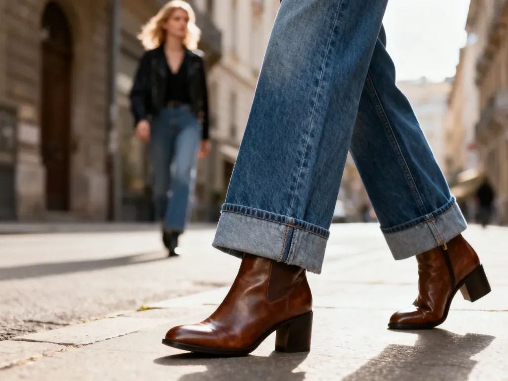 Stylowa kobieta w szerokich jeansach i skórzanych botkach na miejskiej ulicy. Zbliżenie na modne zestawienie obuwia z nogawkami.
