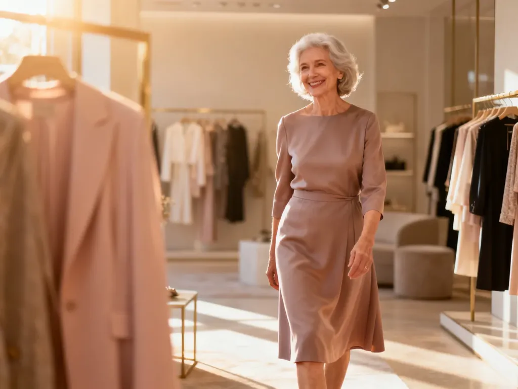 Elegancka kobieta po 60-tce w stylowej sukience midi, prezentująca modną kreację w jasnym, butikowym wnętrzu.