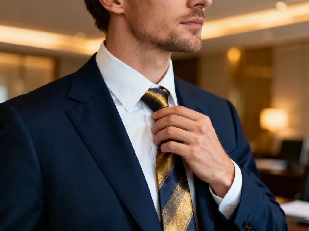 Elegancki mężczyzna w granatowej marynarce poprawia jedwabny krawat, prezentując stylizację idealną do biznesowego stroju.